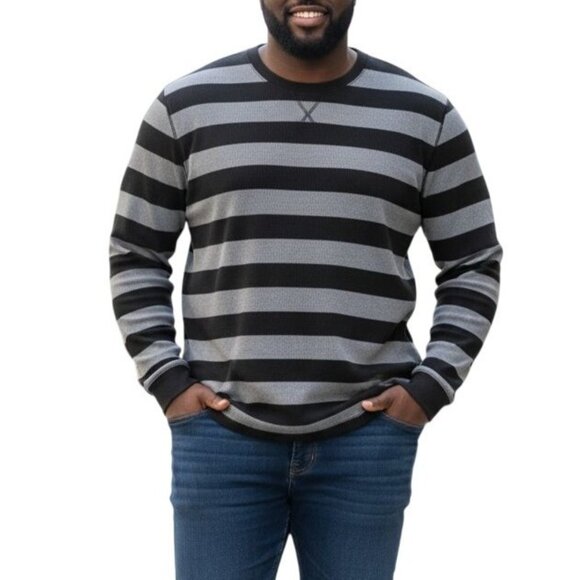 Old Navy Plus Size XXL Top Waffle Knit Striped Long Sleeve Thermal Black Gray - Picture 1 of 8